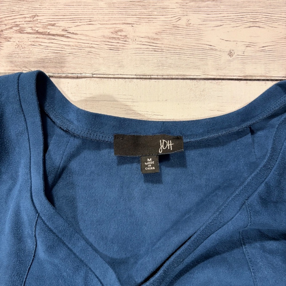 JOH Womens Blue Faux Suede V-Neck Tunic Top Long Sleeve Seam Detail M - Picture 5 of 16